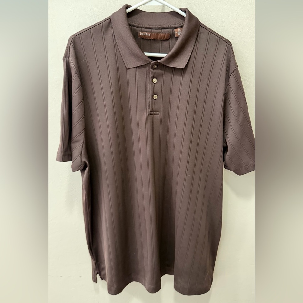 Mens Ribbed Brown Striped Polo Shirt Size XL Like New Perry Ellis